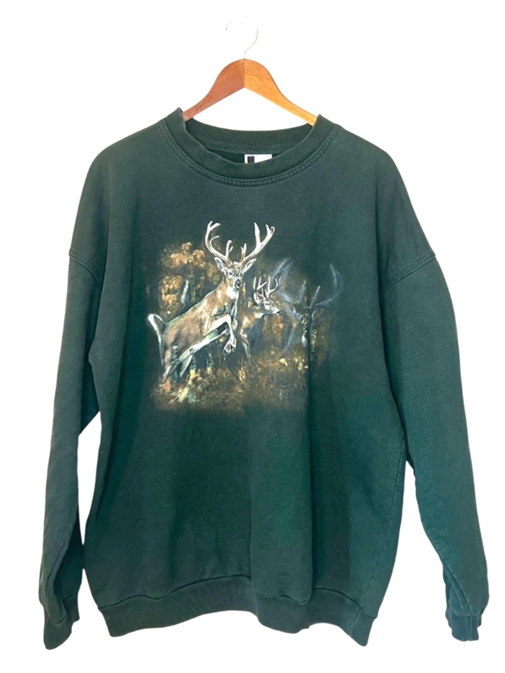 Vintage 90s King Fashions Forest Deer Dark Green Nature Sweatshirt L